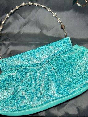 Turquoise Embossed Melia Italian Leather Purse W/ Beaded Handle-Mag Snap Close